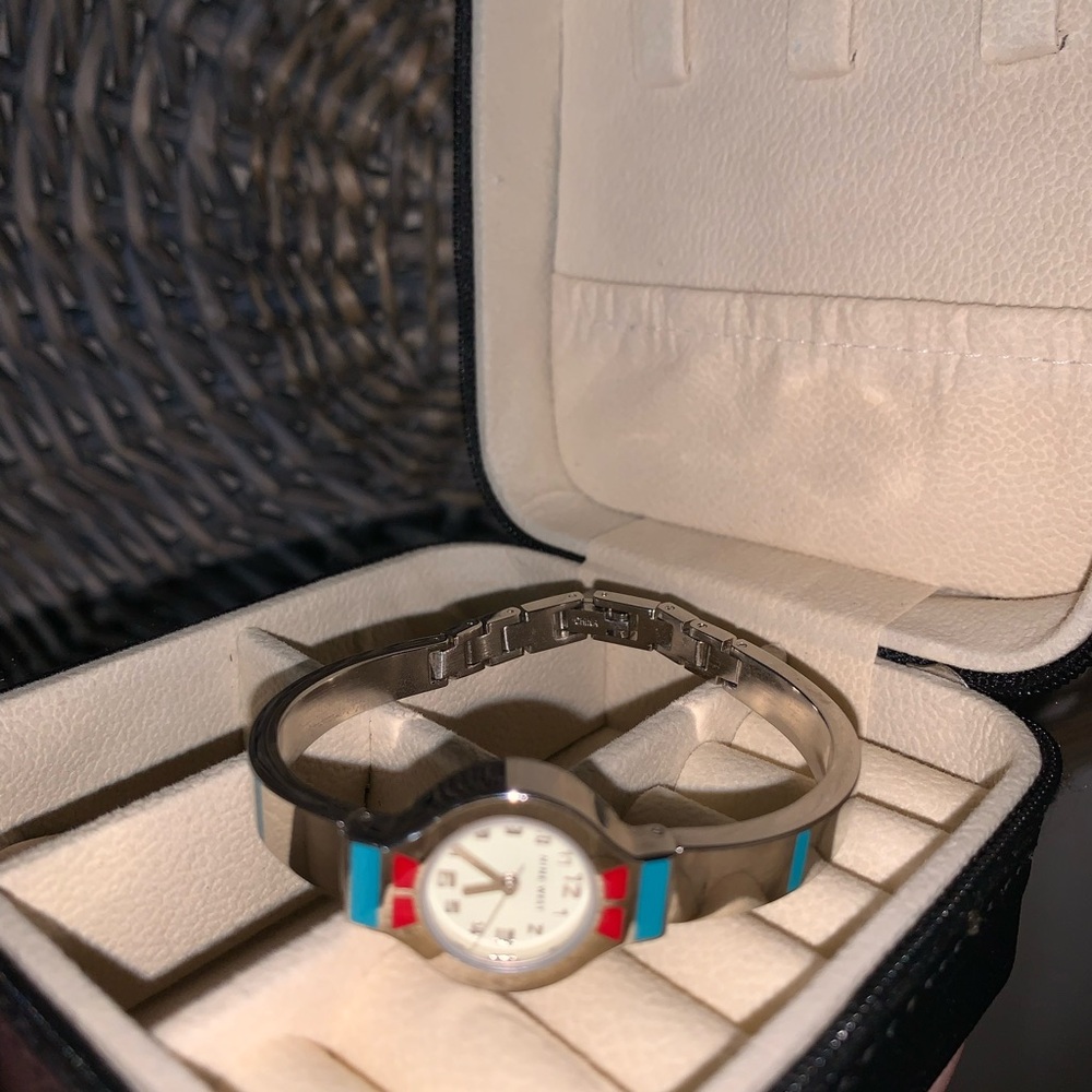Nine West Silver Bangle Watch with Red and Turquoise Accents